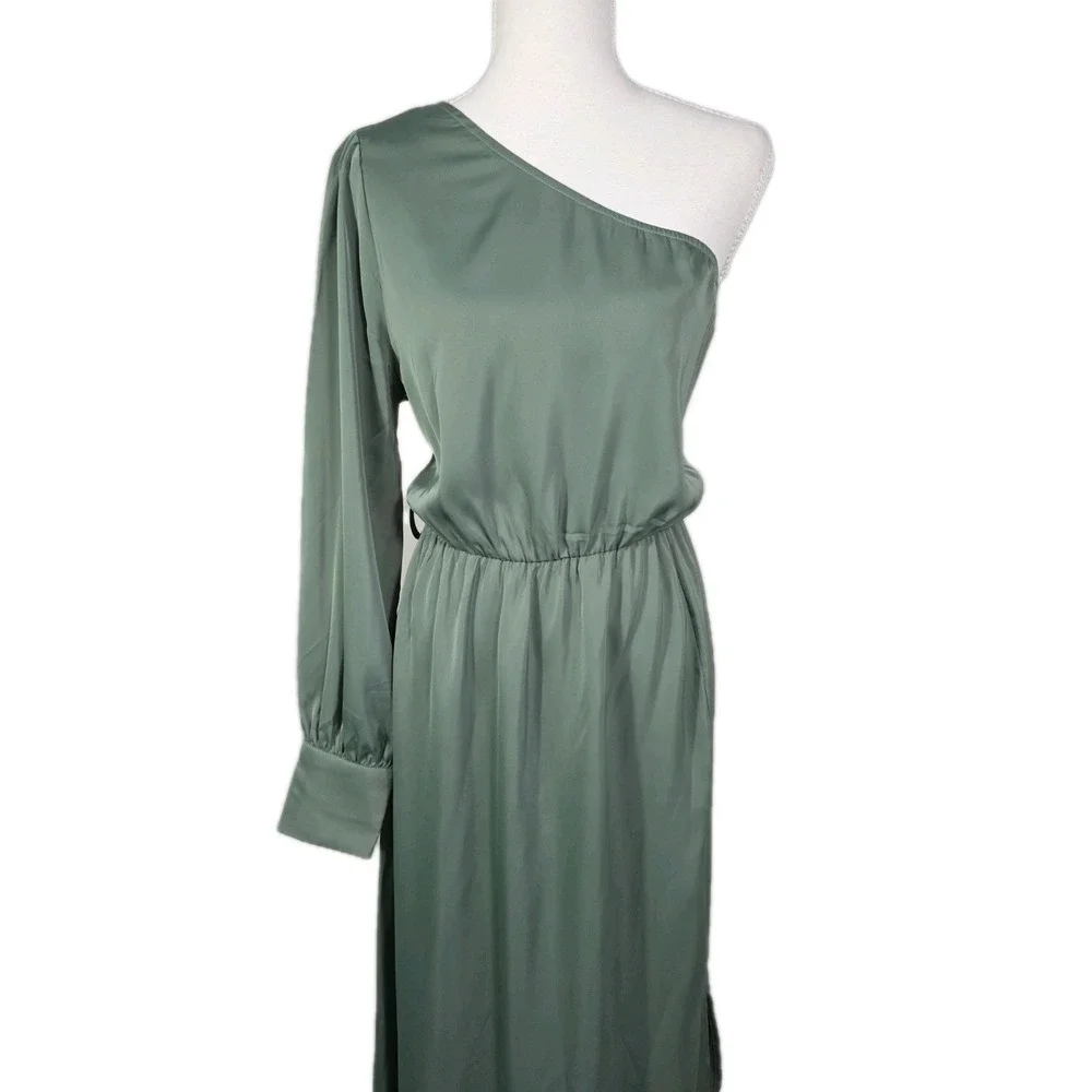 Kirundo One Shoulder Maxi Dress Sage Green Long Sleeve Slit Size L NWOT